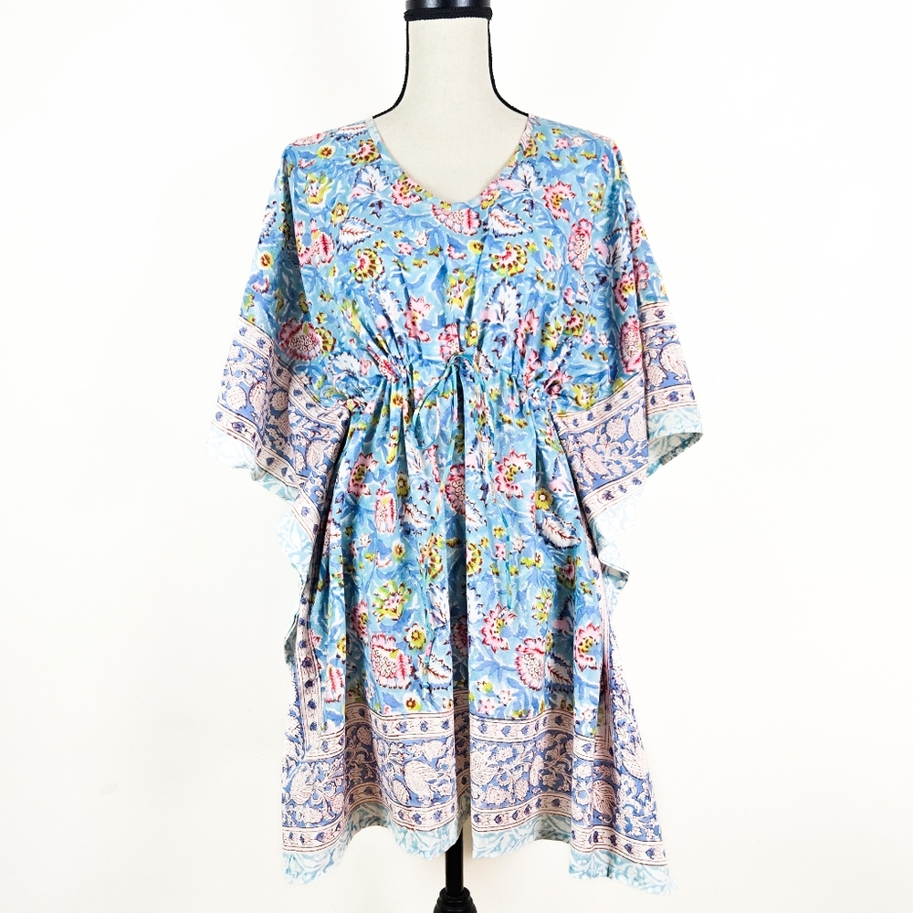 NWT Sevya Handmade Block-Printed Cotton Caftan, Blue and Pink